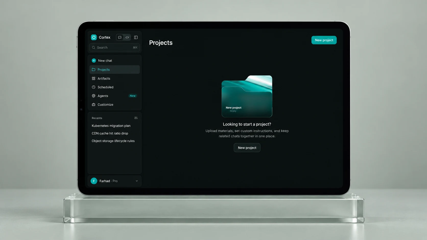 A project holds more than a chat history. — AI-generated device mockup