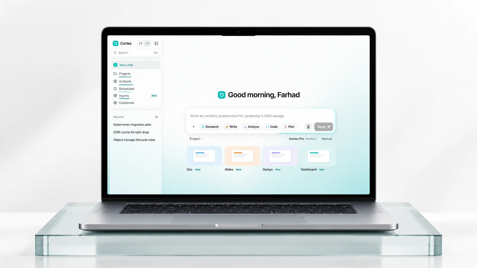 Dark surfaces. A precise teal signal. — AI-generated device mockup