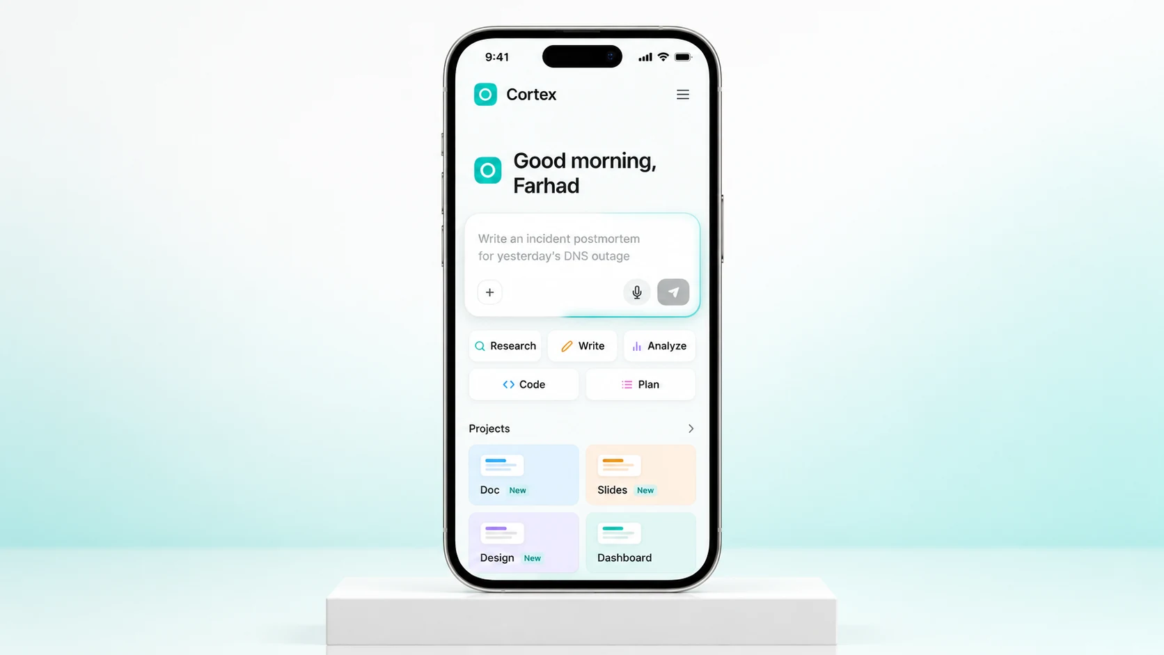 Dark surfaces. A precise teal signal. — AI-generated device mockup