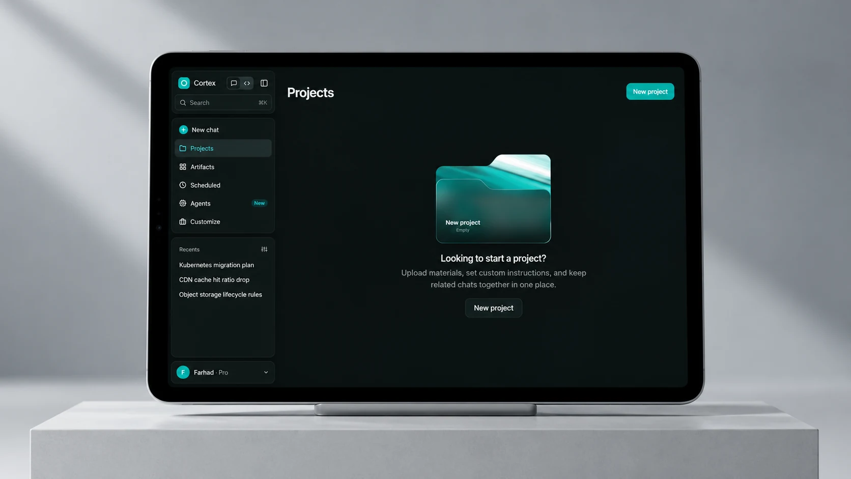 A project holds more than a chat history. — AI-generated device mockup