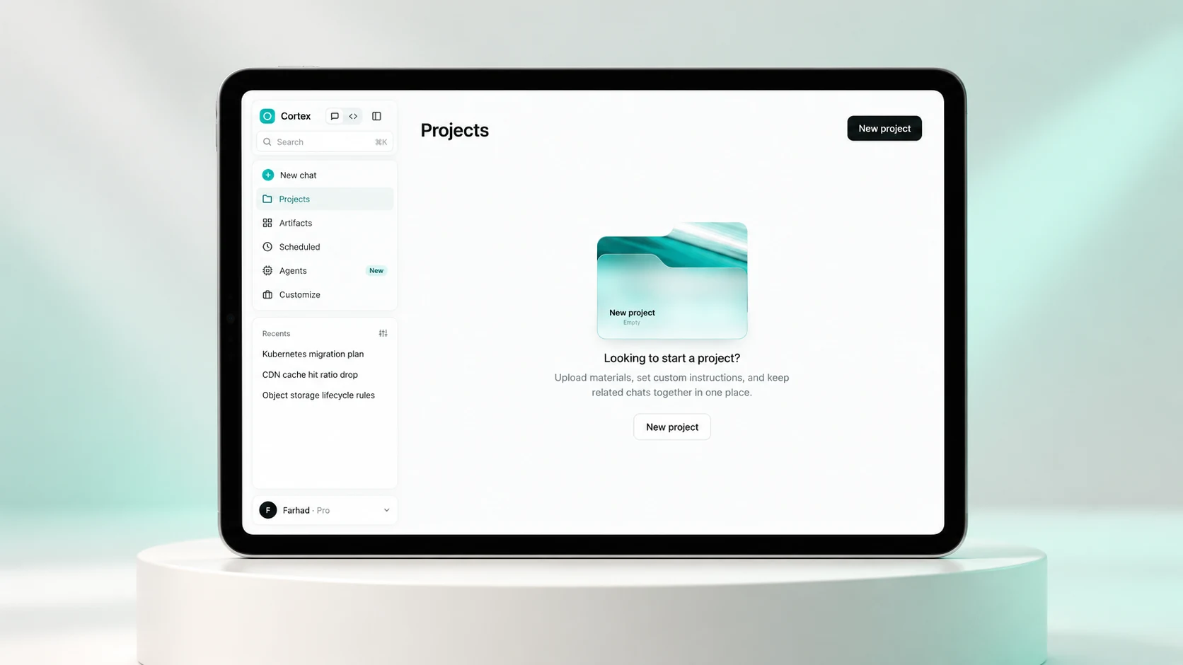 A project holds more than a chat history. — AI-generated device mockup