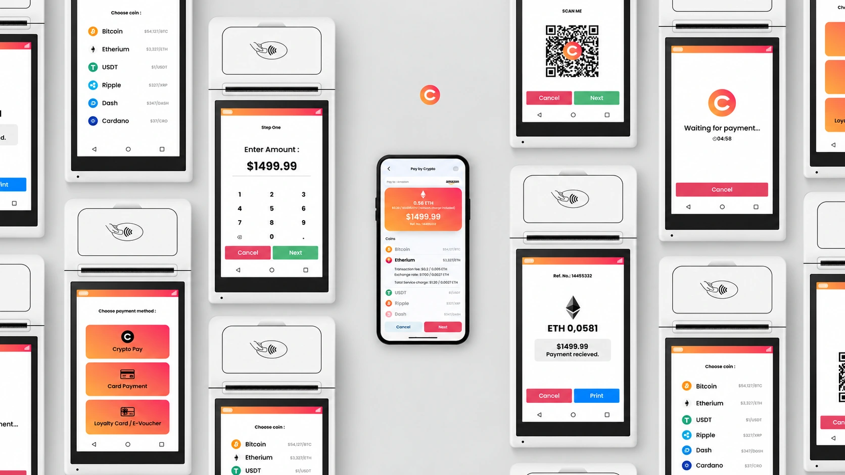 C Pay payment stages across the original white POS terminals and central iPhone