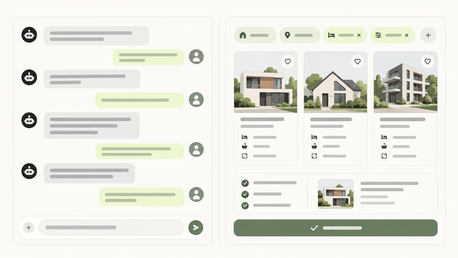 Chat as the entire interface: A conversation holds the task, constraints and next steps. / A workspace around the task: Editable criteria, a visible shortlist and review before action.