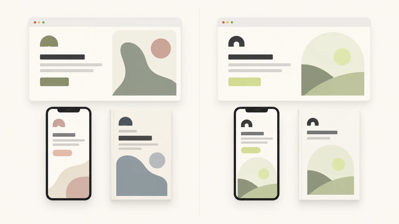 A logo without shared rules: Each surface chooses a different hierarchy, colour and composition. / One coherent identity system: Shared type, colour, symbol and layout rules across web, app and print.