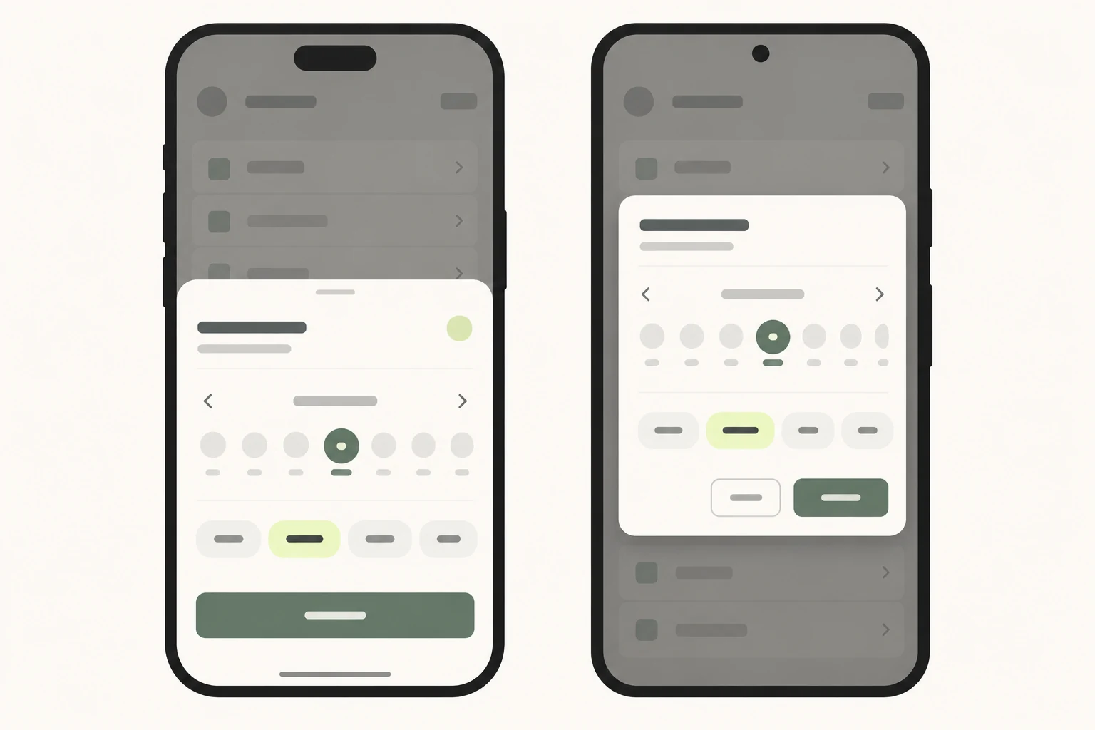 iOS-inspired presentation: A sheet anchored to the current task. / Android-inspired presentation: A dialog for the same selection; keep the task and state consistent.