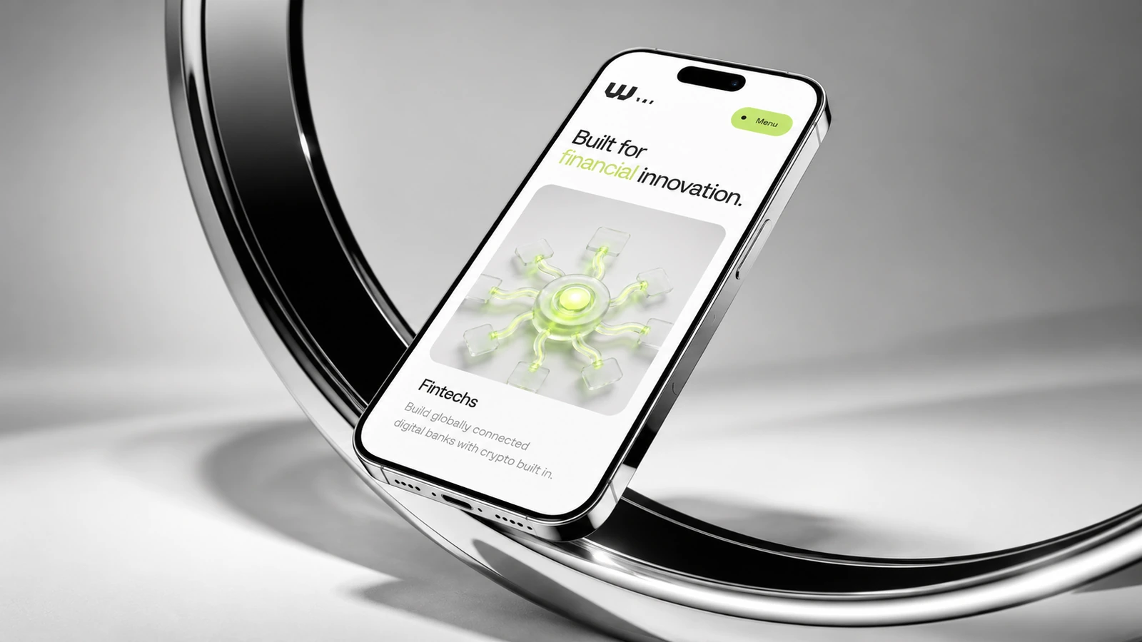 WeFi financial innovation section on a phone resting against a chrome ring