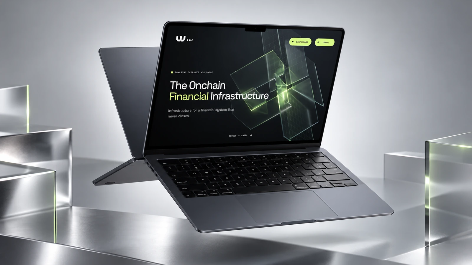 WeFi homepage on a floating dark laptop in a silver studio
