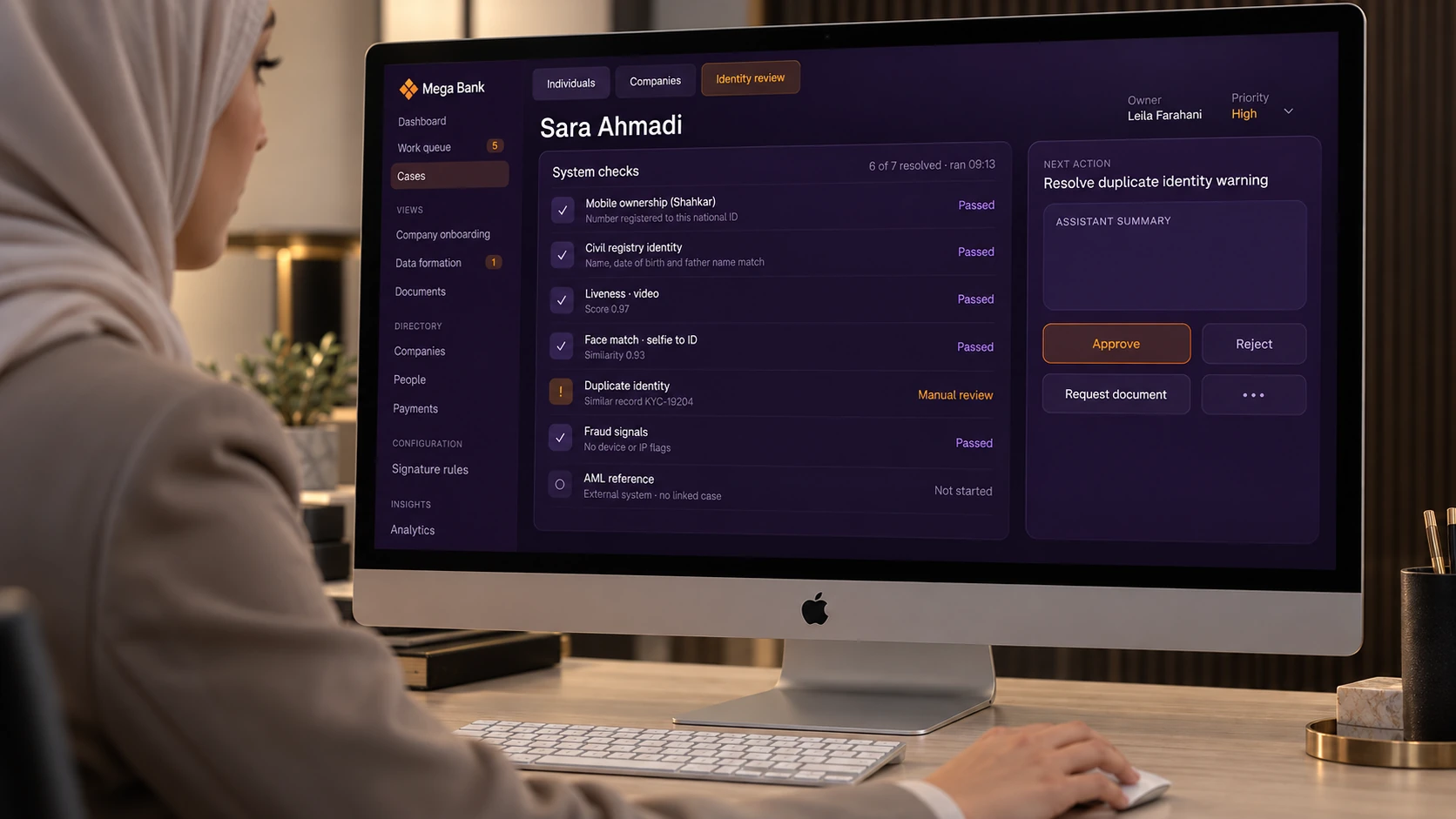 Let checks inform a decision. — bank staff using the interface on an Apple device; generated visualization