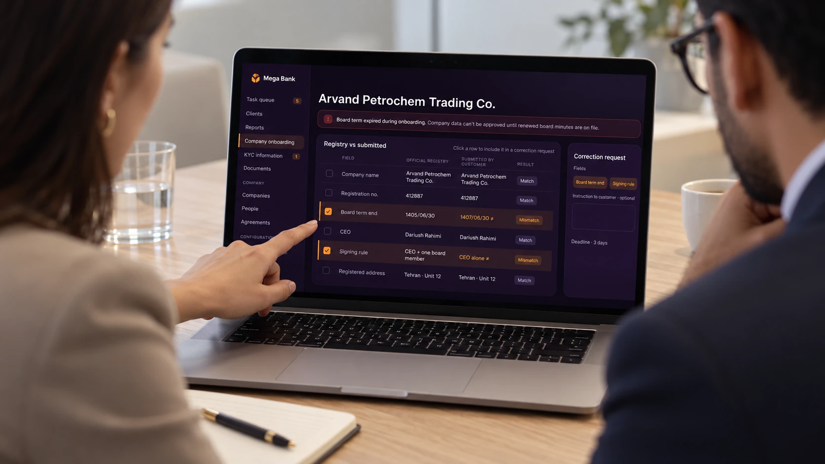Turn mismatches into a clear request. — bank staff using the interface on an Apple device; generated visualization